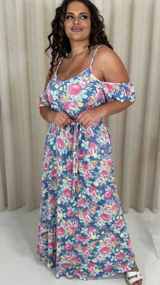 CurveWow Printed Cold Shoulder Maxi Dress Blue Multi Floral