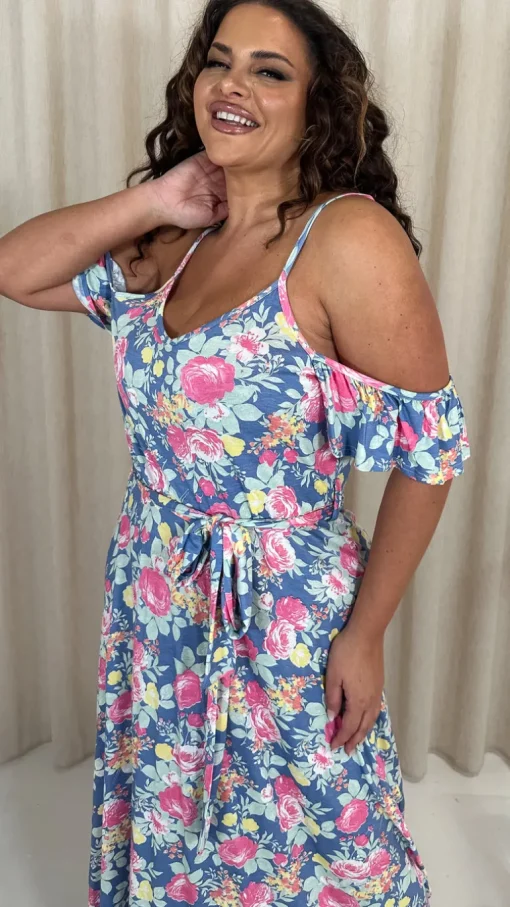 CurveWow Printed Cold Shoulder Maxi Dress Blue Multi Floral