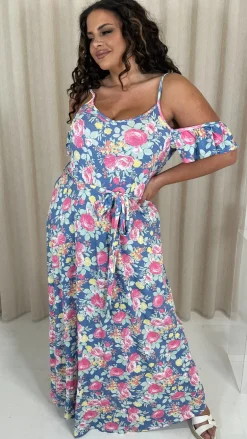 CurveWow Printed Cold Shoulder Maxi Dress Blue Multi Floral