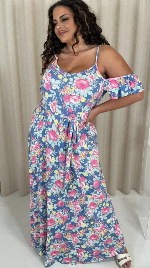 CurveWow Printed Cold Shoulder Maxi Dress Blue Multi Floral