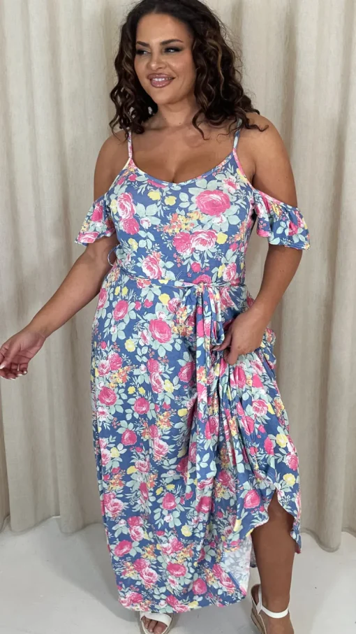 CurveWow Printed Cold Shoulder Maxi Dress Blue Multi Floral