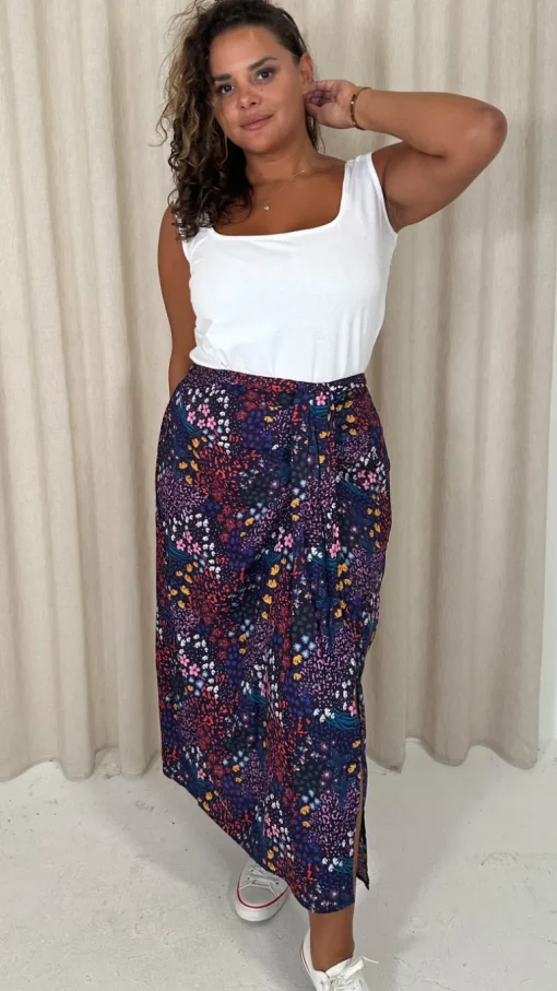 CurveWow Printed Drape Front Midi Skirt Mixed Patchwork Floral