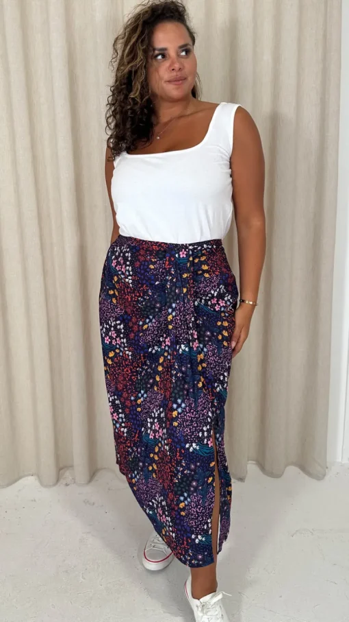 CurveWow Printed Drape Front Midi Skirt Mixed Patchwork Floral