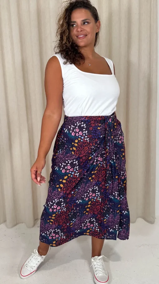 CurveWow Printed Drape Front Midi Skirt Mixed Patchwork Floral