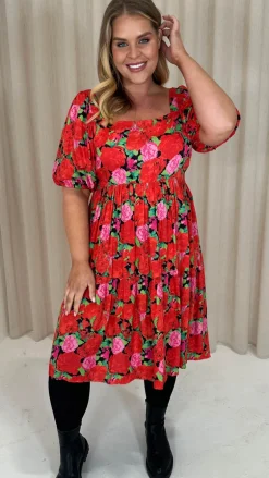CurveWow Printed Puff Sleeve Dress Floral