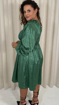 CurveWow Printed Satin Shirred Top Mini Dress Forest Green