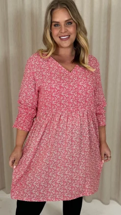 CurveWow Printed Smock Mini Dress Red Ditsy