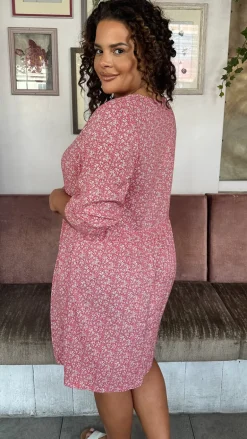 CurveWow Printed Smock Mini Dress Red Ditsy