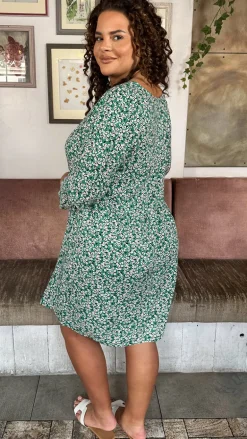 CurveWow Printed Smock Mini Dress Green Ditsy