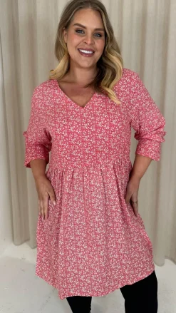 CurveWow Printed Smock Mini Dress Red Ditsy