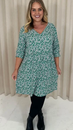 CurveWow Printed Smock Mini Dress Green Ditsy