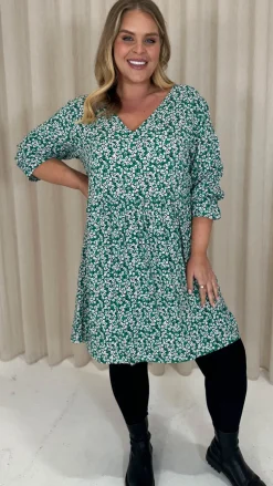 CurveWow Printed Smock Mini Dress Green Ditsy