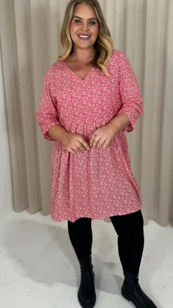 CurveWow Printed Smock Mini Dress Red Ditsy