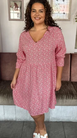 CurveWow Printed Smock Mini Dress Red Ditsy