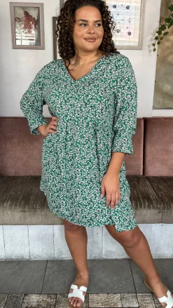 CurveWow Printed Smock Mini Dress Green Ditsy