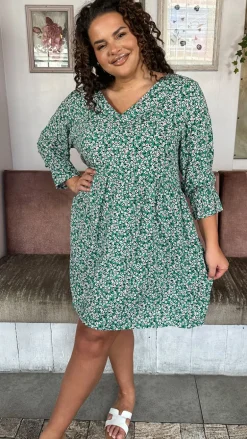 CurveWow Printed Smock Mini Dress Green Ditsy