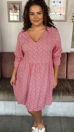 CurveWow Printed Smock Mini Dress Red Ditsy