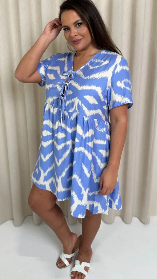 CurveWow Printed Tie Front Smock Dress Blue Aztec