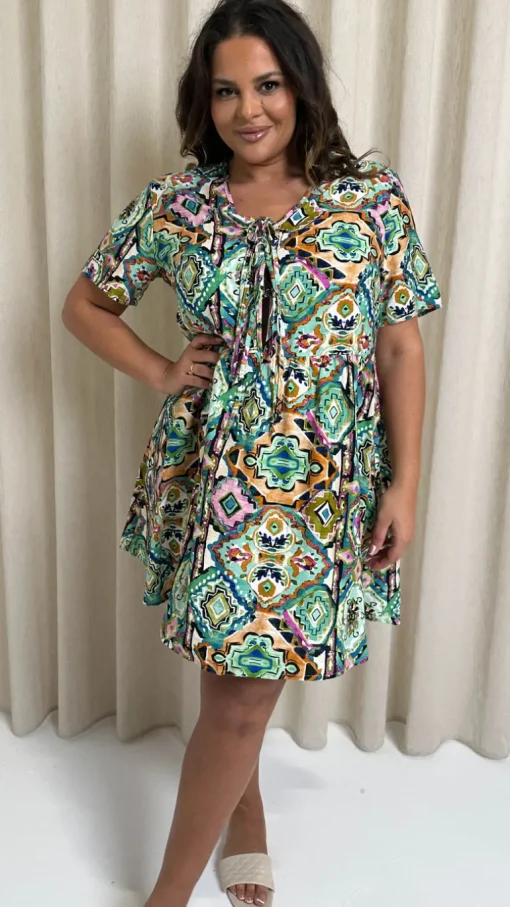 CurveWow Printed Tie Front Smock Dress Multi Aztec