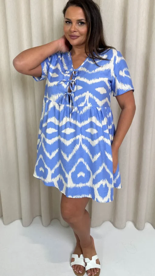 CurveWow Printed Tie Front Smock Dress Blue Aztec