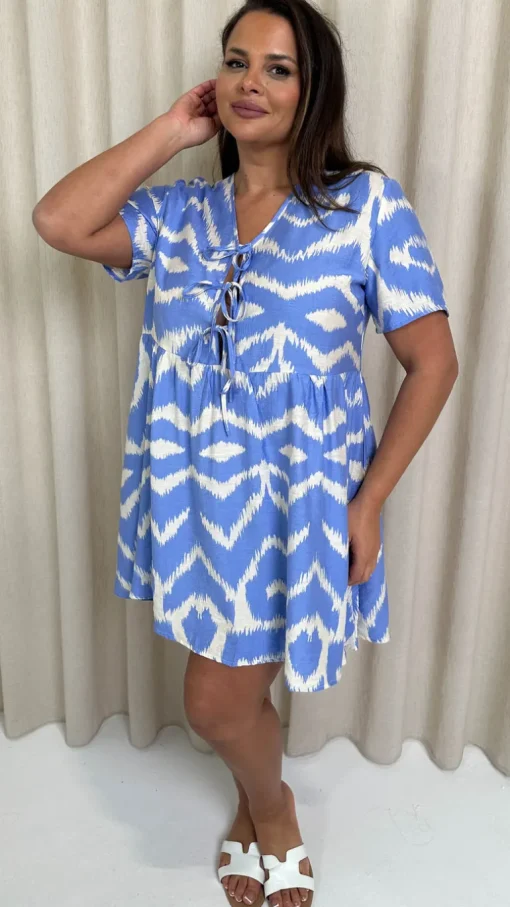 CurveWow Printed Tie Front Smock Dress Blue Aztec