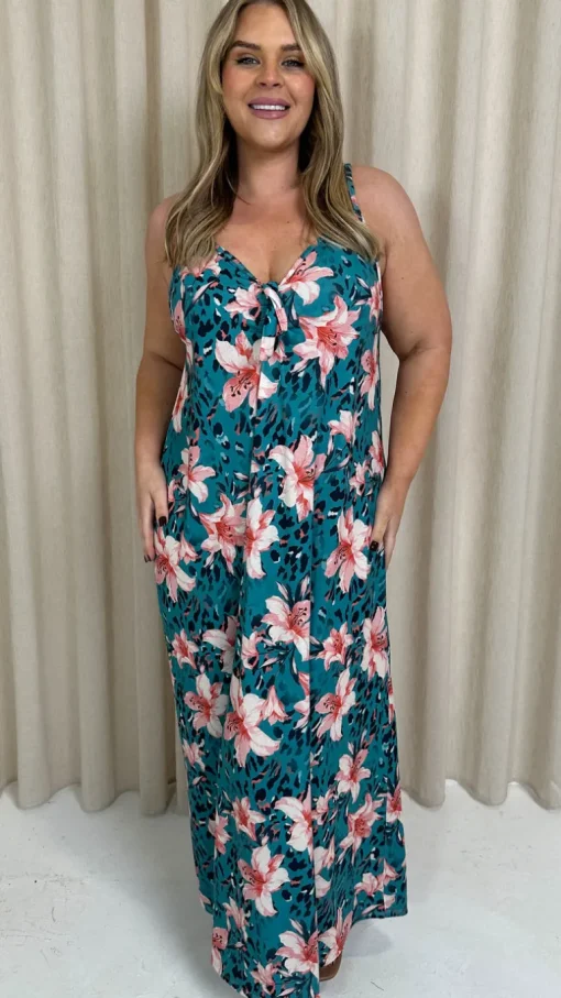 CurveWow Printed Tie Front Maxi Dress Teal Animal Floral