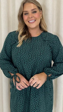 CurveWow Printed Tie Sleeve Shift Dress Teal Spot