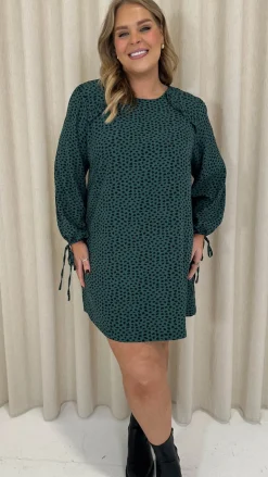 CurveWow Printed Tie Sleeve Shift Dress Teal Spot