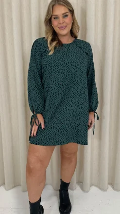 CurveWow Printed Tie Sleeve Shift Dress Teal Spot