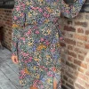 CurveWow Printed Tie Waist Shirt Dress Black Multi Floral Ditsy