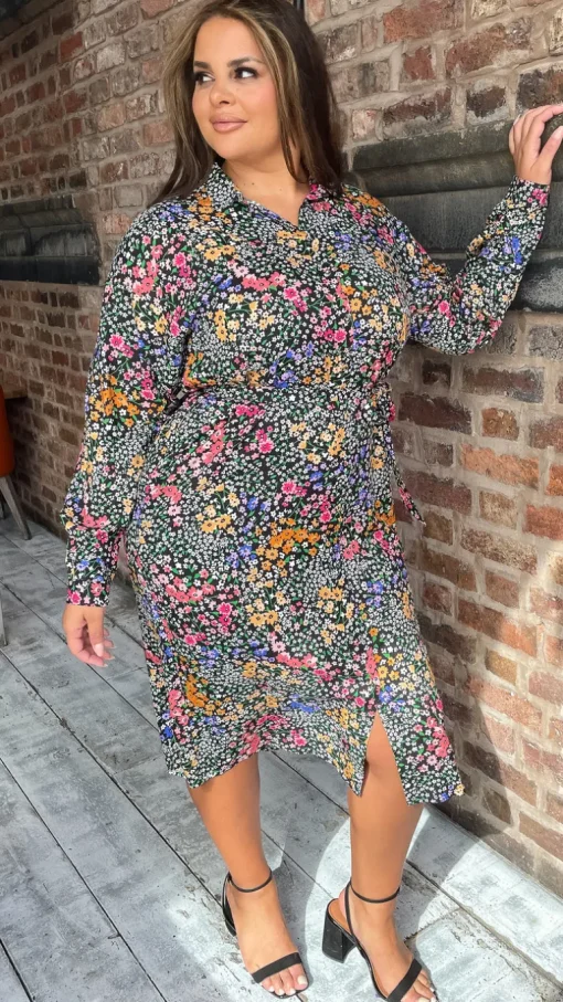 CurveWow Printed Tie Waist Shirt Dress Black Multi Floral Ditsy