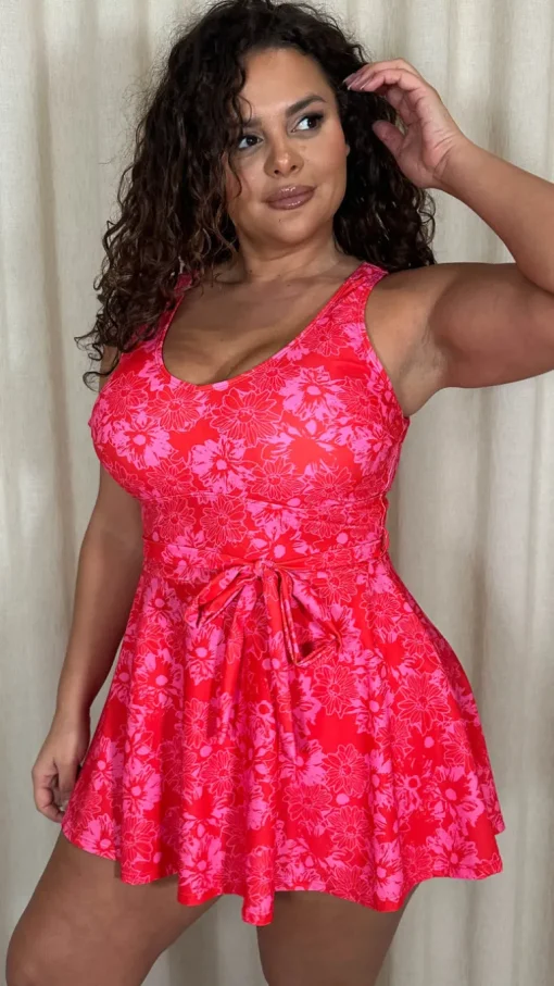 CurveWow Printed Tie Waist Swimdress Red Floral