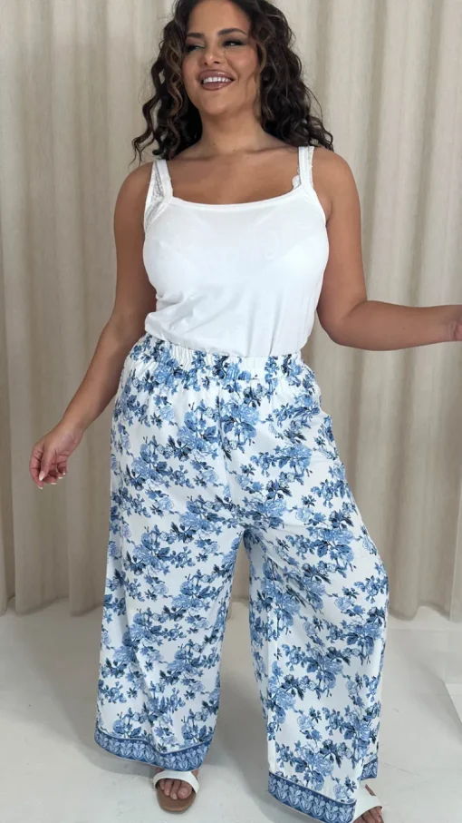 CurveWow Printed Wide Leg Trouser Blue Oriental