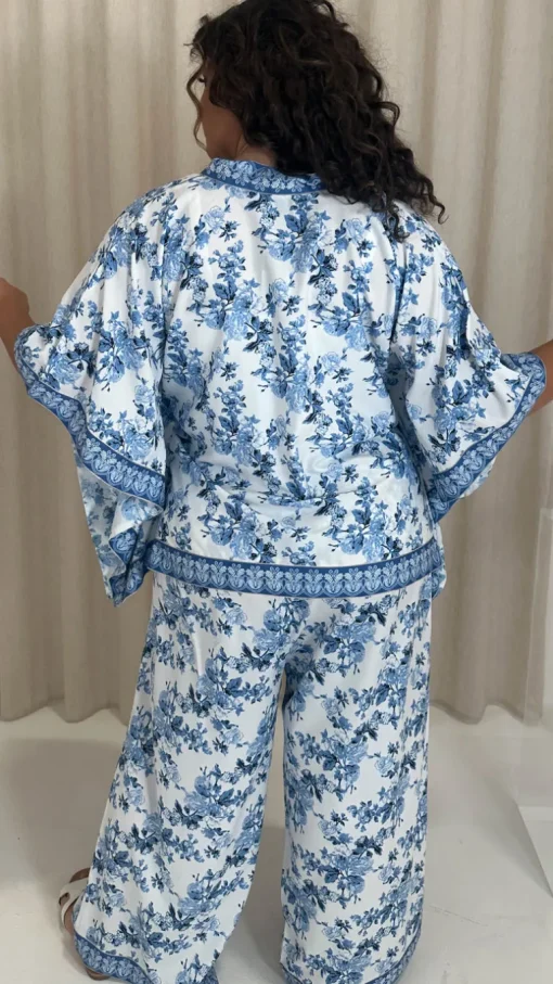 CurveWow Printed Wide Leg Trouser Blue Oriental
