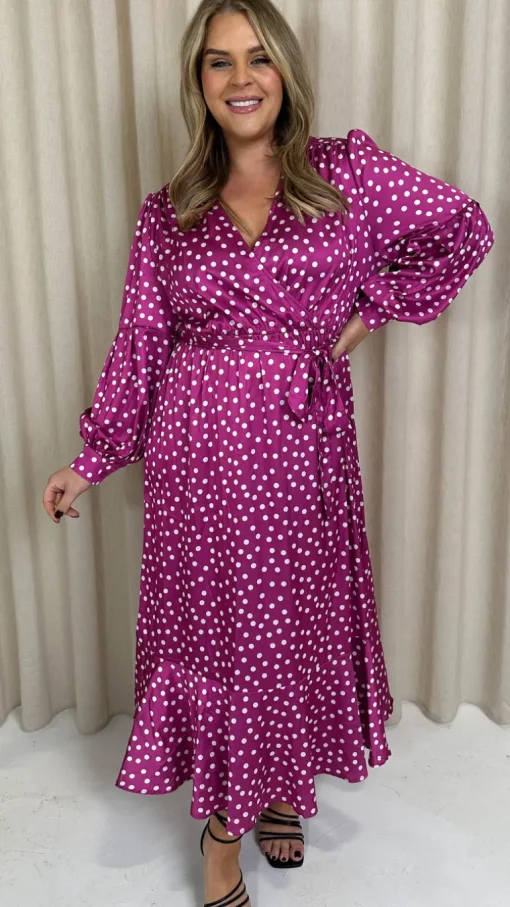 CurveWow Printed Wrap Dress Magenta Spot