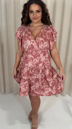 CurveWow Printed Wrap Frill Cap Sleeve Dress Pink Floral