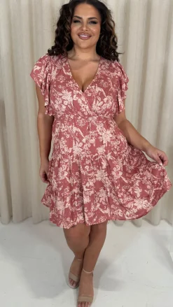 CurveWow Printed Wrap Frill Cap Sleeve Dress Pink Floral