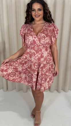 CurveWow Printed Wrap Frill Cap Sleeve Dress Pink Floral