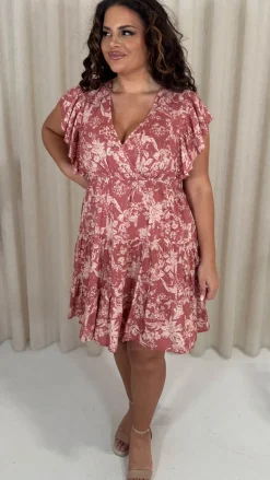 CurveWow Printed Wrap Frill Cap Sleeve Dress Pink Floral