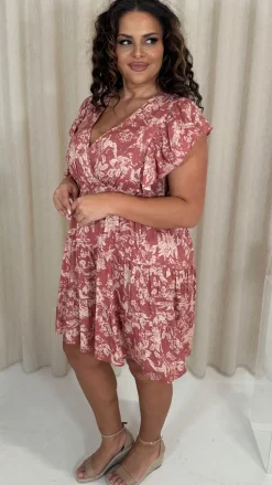 CurveWow Printed Wrap Frill Cap Sleeve Dress Pink Floral