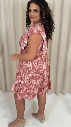 CurveWow Printed Wrap Frill Cap Sleeve Dress Pink Floral