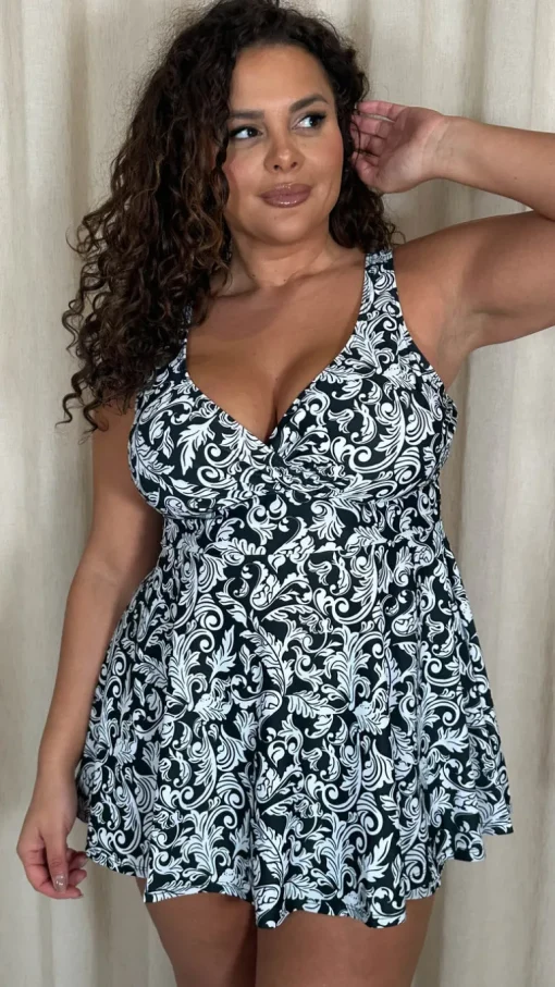 CurveWow Printed Wrap Swimdress Black Baroque