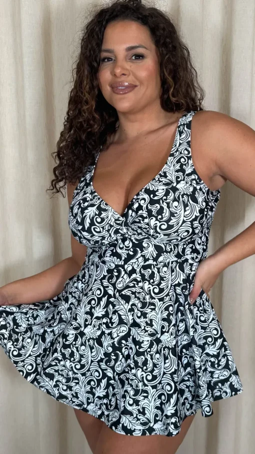 CurveWow Printed Wrap Swimdress Black Baroque