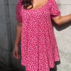 CurveWow Puff Sleeve Swing Dress Pink Ditsy