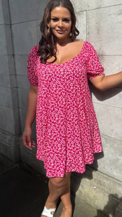 CurveWow Puff Sleeve Swing Dress Pink Ditsy