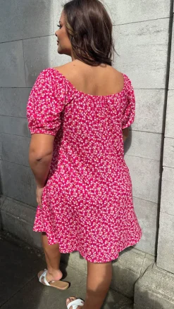 CurveWow Puff Sleeve Swing Dress Pink Ditsy