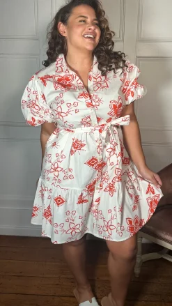 CurveWow Puff Sleeve Tiered Shirt Dress White Floral