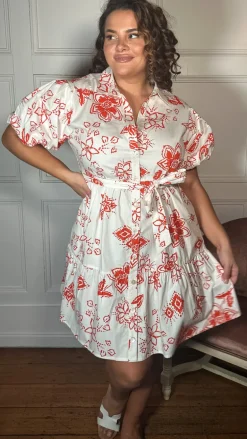 CurveWow Puff Sleeve Tiered Shirt Dress White Floral