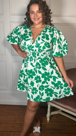CurveWow Puff Sleeve V Neck Dress Green Floral