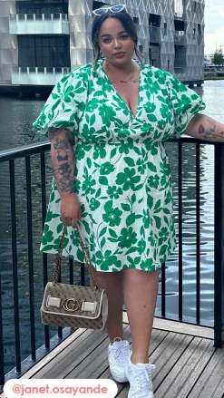 CurveWow Puff Sleeve V Neck Dress Green Floral